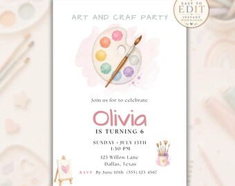 Paint Party Invitation for Girls, Arts Crafts Birthday Invite, Editable Creative Celebration Printable