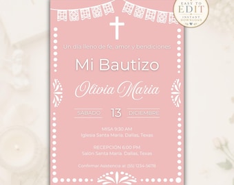 Invitación Bautizo Cielito Lindo Editable, Invitación Bautizo Mexicano para Niña, Plantilla Canva Bautizo Español
