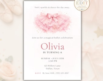 Ballet Birthday Invitation for Girls, Pink Ballerina Party Invite, Editable Tutu Birthday Template Printable