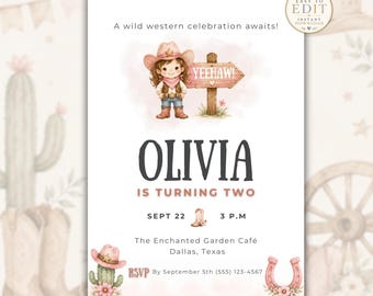 Cowgirl Birthday Invitation Template, Pink Western Birthday Party Invite, Editable Cowgirl Birthday Invitation, Yeehaw Girl Party