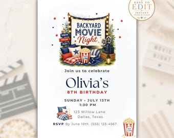 Backyard Movie Night Birthday Invitation, Girl Sleepover Party Invite, Editable Outdoor Movie Template, Printable Cinema Birthday Card