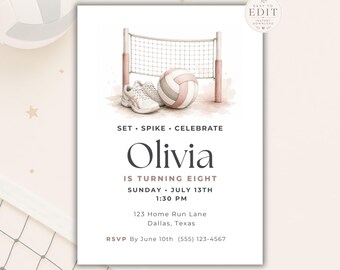 Volleyball Birthday Invitation Template, Girls Volleyball Party Invite, Editable Sports Birthday Invitation, Pink Volleyball Birthday