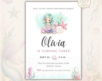 Mermaid Birthday Invitation Template, Under the Sea Party Invite, Editable Mermaid Birthday Party, Pastel Ocean Birthday Invitation
