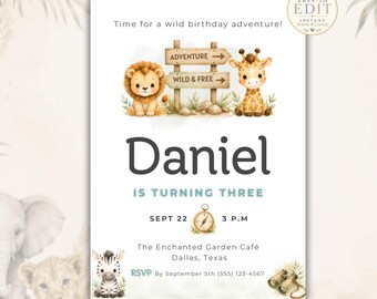 Safari Birthday Invitation Template, Wild One Birthday Invite, Jungle Animals Party Invitation, Editable Safari Birthday, Boy Girl Adventure