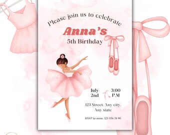 Ballerina Birthday Invitation. Ballet Editable Template, Instant Download, Printable. Editable with Canva.