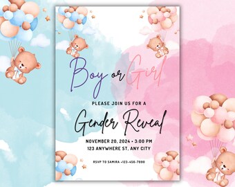Gender Reveal Invitation. Teddy Bear Editable Template, Instant Download, Printable. Editable with Canva.