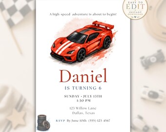 Race Car Birthday Invitation, Boy Car Party Invite, Editable Racing Birthday Template, Red Sports Car Invite, 6th Birthday Printable