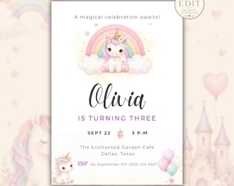 Unicorn Birthday Invitation Template, Magical Unicorn Party Invite, Rainbow Birthday Invitation, Editable Girl Birthday Party