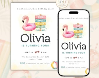 Pool Party Birthday Invitation Template, Summer Pool Party Invite, Editable Flamingo Birthday Invitation, Splash Birthday Party