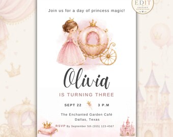 Princess Birthday Invitation Template, Pink Princess Party Invite, Editable Fairytale Birthday Invitation, Royal Girl Birthday Party