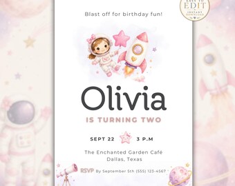 Girl Astronaut Birthday Invitation, Pink Space Birthday Party Invite, Editable Rocket Birthday Invitation, Outer Space Girl Birthday