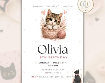 Cat Birthday Invitation, Kitten Birthday Party Invite, Editable Girls Cat Theme Template, Printable Kitty Birthday Card
