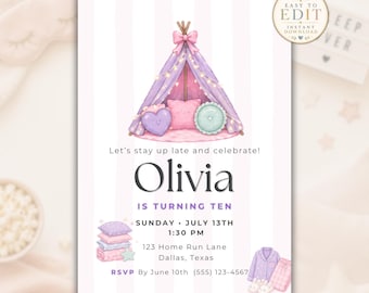 Sleepover Birthday Invitation, Girls Slumber Party Invite, Editable Pajama Party Template, Printable Tween Sleepover Birthday Card