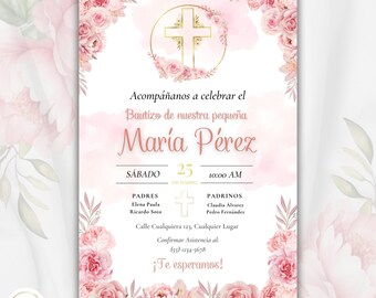 Invitación de Bautizo niña.  Invitación editable con Canva