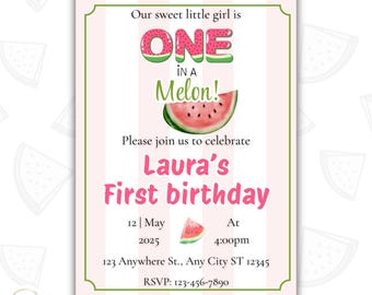 One in a melon 1st Birthday, Editable Template (Digital Download)