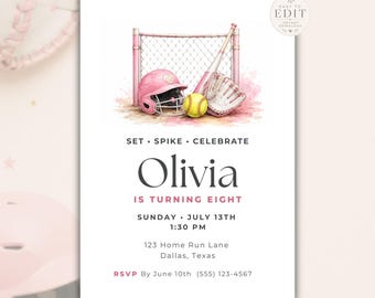 Softball Birthday Invitation Template, Girls Softball Party Invite, Editable Sports Birthday Invitation, Pink Softball Birthday