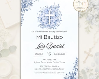 Invitación Bautizo Niño Editable, Invitación Bautizo Azul en Canva, Plantilla Digital Bautismo Niño Español