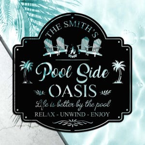 Personalized Metal Poolside Sign wall, Metal Swimming Pool Sign; Metal Backyard Sign; Custom Backyard Decor Poolside Oasis Sign; Patio Decor