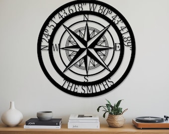 Custom Metal Compass Sign Nautical Wall Art, Address Sign Custom Family Name Sign, Compass Wall Decor, Coordinates Sign, New Home Gifts