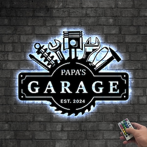 Personalized Garage Metal Wall Decor Led lights, Papas Work Shop Metal Sign Garage Sign, Birthday Gift for Dad Christmas Gift Garage Decor