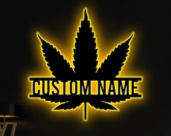 Personalized Weed Metal Sign Wall Art with LED Lights, Custom Marijuana Name Sign Home Decor, Cannabis Decoration Smoker Birthday Christmas