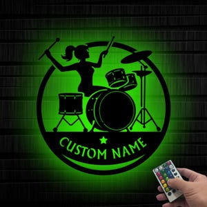 Custom Girl Drummer Metal Wall Art Led Lights, Personalized Drum Lover Name Sign Home Decor Music Room Decor Kid Nursery Decor Birthday Gift