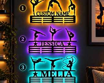 Gymnastics LED Medal Holder, Custom Name and Gymnast Poses Metal Wall Art, Color Changing Medal Hanger, Gymnastics Team Gift