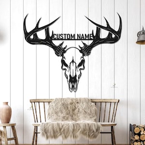 Enseigne en métal personnalisée tête de mort cerf, décoration murale personnalisée en bois de cervidé, cadeau pour papa, enseigne murale tête de mort chasseur, enseigne pour pavillon de chasse, enseigne de nom en bois de cerf