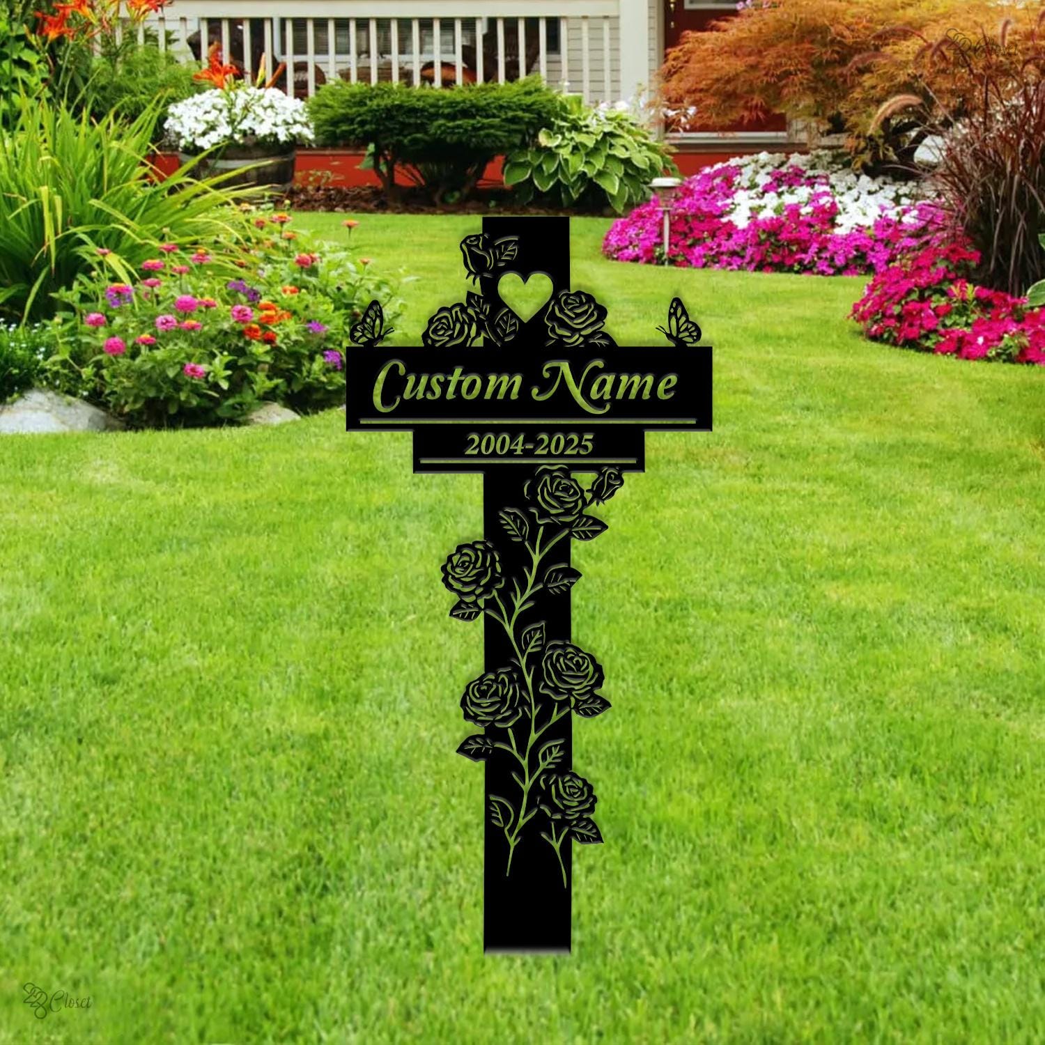 Personalized Metal Memorial Cross Sign Garden, Grave Marker