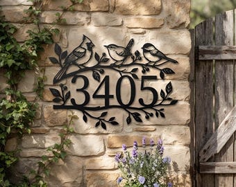 Personalized Metal Address Sign, Bird And Leaf House Number Plaque, Front Porch Wall Decor