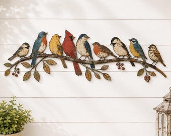 Colorful Songbird Metal Wall Art, Birds on Branch Decor, Cardinal Bluebird Garden Wall Hanging, Nature Lover Outdoor Home