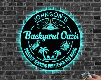 Personalized Backyard Oasis Metal Sign LED light, Sign for pool, Backyard Decor, Coastal Decor, Palm Tree Tropical Metal Wall Decor