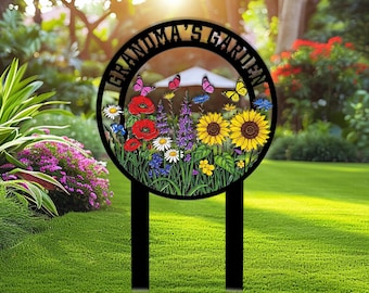 Personalized Garden Metal Sign With Stakes, Garden Name Sign, Custom Garden Flower Signs, Metal Yard Art, Housewarming Gift, Outdoor Decor