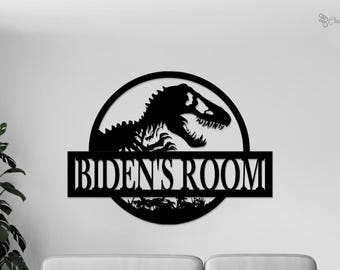 Gepersonaliseerde dinosaurus metalen wanddecoratie, aangepaste dinosauruskunst, Jura-naambord, kinderkamerdecor, buiten T-Rex decor, verjaardagscadeau voor jongen