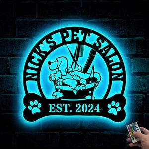 Personalized Dog Grooming Salon Metal Sign Led Lights, Custom Groomer Name Sign Home Decor Pet Grooming Sign Grooming Decor Dog Gift for Dad