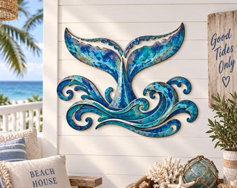 Whale Tail Ocean Wall Art, Coastal Metal Wall Decor, Blue Wave Nautical Art, Beach Cottage Decor, Marine Life Wall