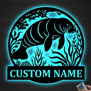 Personalized Manatee Metal Wall Art LED Lights, Custom Manatee Name Sign, Home Decor Kid Nursery Decor Beach House Decor, Birthday Xmas Gift