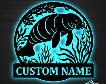 Personalized Manatee Metal Wall Art LED Lights, Custom Manatee Name Sign, Home Decor Kid Nursery Decor Beach House Decor, Birthday Xmas Gift