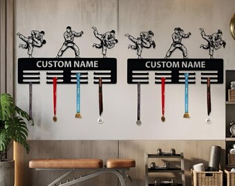 Personalized Judo Medal Holder with Name: 12-Rung Medal & Ribbon Display, 2 Options Male or Female, Sport sign