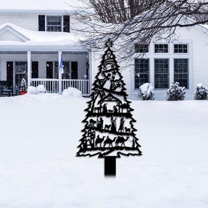 Letrero de metal con forma de árbol de Navidad para el jardín, letrero de metal con escena navideña, arte de la natividad, letrero de metal de la natividad, decoración de pino, decoración del hogar, regalo de Navidad, decoración del hogar