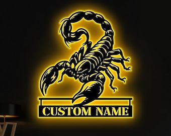 Benutzerdefinierte Skorpion Metall Wand Kunst LED-Licht, personalisierte Skorpion Namensschild, Skorpion Metallschild Kinderzimmer Dekor Geburtstagsgeschenk Weihnachtsgeschenk