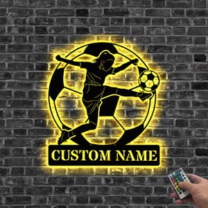 Personalized Female Soccer Metal Sign With Led Lights, Soccer Player Sign Metal art, Gift For Soccer Player, Kid Room, Birthday Gift for son