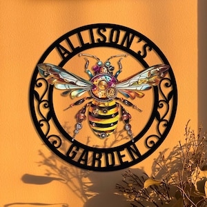Custom Bee Garden Sign, Outdoor Garden Decor, Gift for mom, Gift for Bee Lover, Metal Bee Sign, Backyard decor, Pollinator sign, Home sign