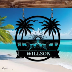 Custom Beach House Sign, Palm Tree Metal, Outdoor Tropical Decor, Gift for beach, Poolside Patio,Tropical Beach Firepit Sign,Ocean view sign