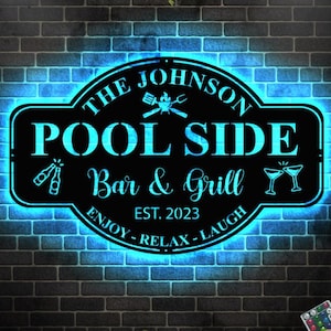 Personalized Family Poolside Sign LED Light,Swimming Pool Metal Sign,Poolside Oasis Sign Bar and Grill Sign,Patio Decor,Housewarming Gift