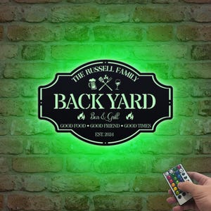 Personalized Backyard Sign LED Light, Custom Bar & Grill Sign Backyard Oasis Sign,Outdoor Decor Kitchen Sign,BBQ Metal Signs, Backyard Decor