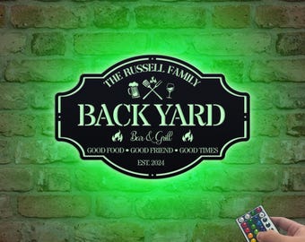 Letrero LED personalizado para patio trasero, letrero personalizado para bar y parrilla, letrero para oasis en el patio trasero, letrero de cocina para decoración exterior, letreros metálicos para barbacoa, decoración para patio trasero