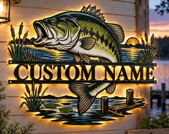 Custom Bass Fish LED Wall Art, Personalized Name Metal Sign, Rustic Lake House Decor, Fishing Lover Gift