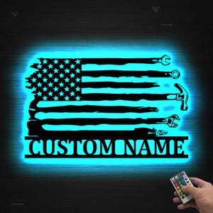 Personalized US Flag Tools Repair Metal Wall Art LED Lights, Custom Tools Shop Name Sign Mechanic Tools Decor Repairman Birthday Garage sign