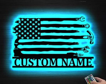 Personalized US Flag Tools Repair Metal Wall Art LED Lights, Custom Tools Shop Name Sign Mechanic Tools Decor Repairman Birthday Garage sign